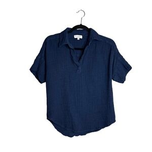Michael Stars Cotton Gauze Short Sleeve Collared Shirt Top‎  XS Boxy Navy Gauzy